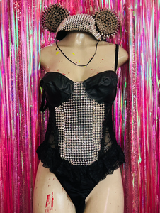 Faux Leather and Spikes Teddy with Mouse Ears
